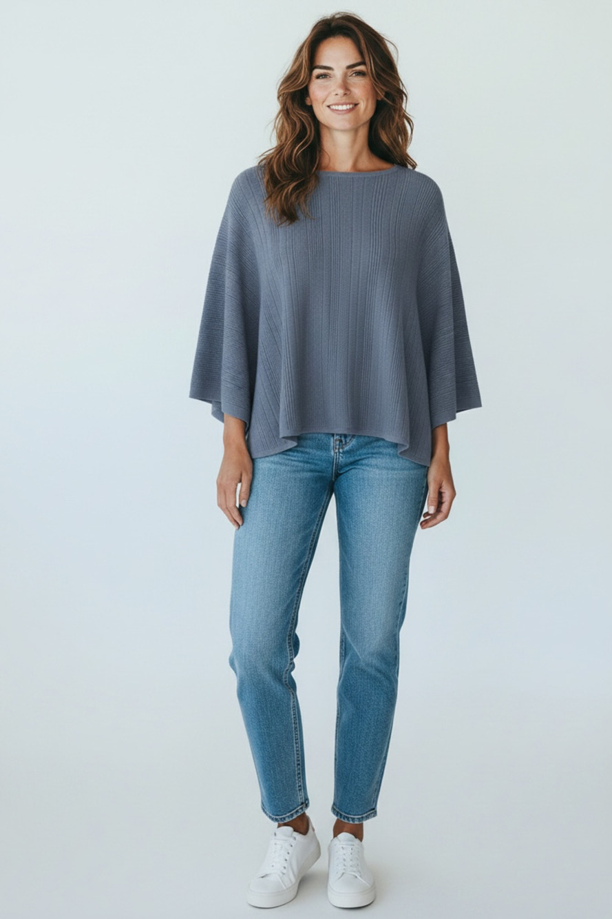 NWOT Wynne Layers Textured Knit Boatneck Poncho Top 2X Blue